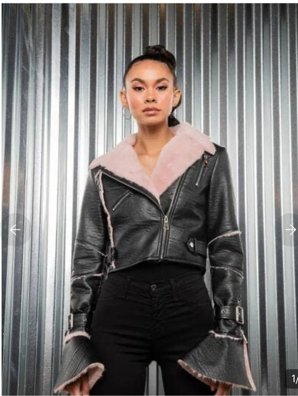 Cropped Black Faux Leather Bomber Jacket with Pink Shearling Trim
